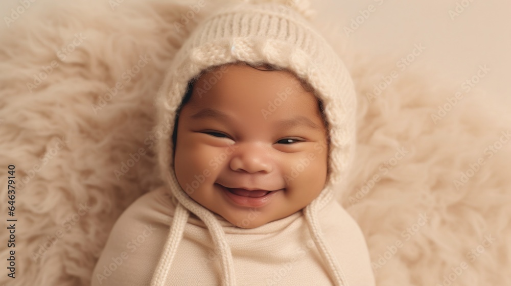 Joyful Asian infant in neutral attire, posing in a studio background. Generative AI Joyful Asian infant in neutral attire, posing in a studio background. Generative AI
