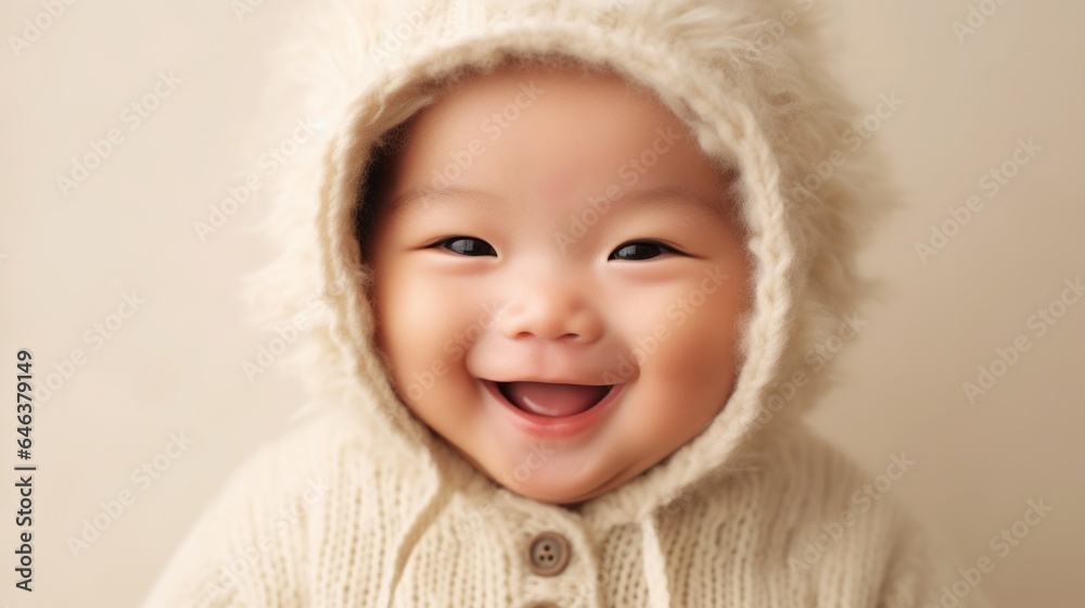 Asian infant in a studio setup, dressed in neutral colors and wearing a smile. Generative AI Asian infant in a studio setup, dressed in neutral colors and wearing a smile. Generative AI