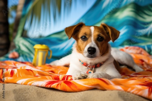 a terrier dog in a hawaiian shirt lounging on a beach towel