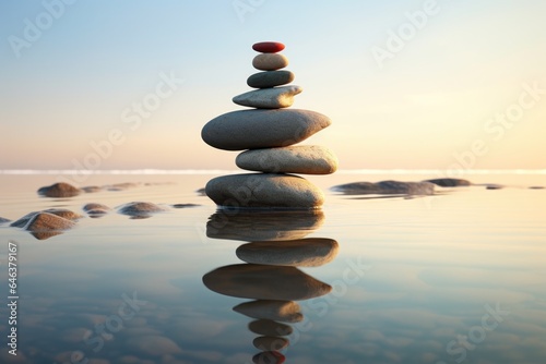a calm beach with smooth stones stacked in a balance tower