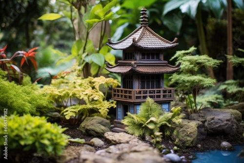 a small wooden pagoda in a lush japanese zen garden