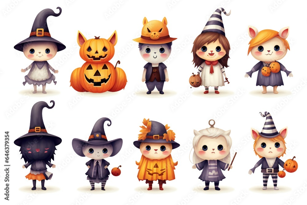 Obraz premium Cute Halloween Characters Clip art isolated on white background Generative AI
