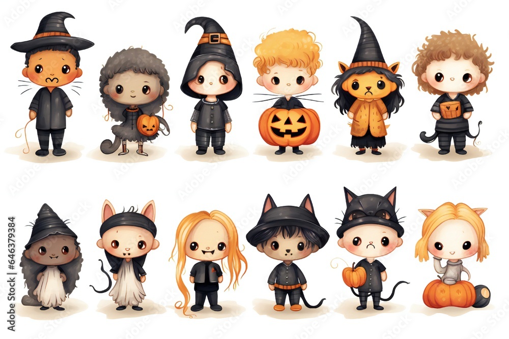 Obraz premium Cute Halloween Characters Clip art isolated on white background Generative AI
