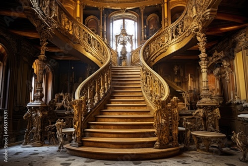 spiral staircase with ornate, golden balustrades in an old mansion