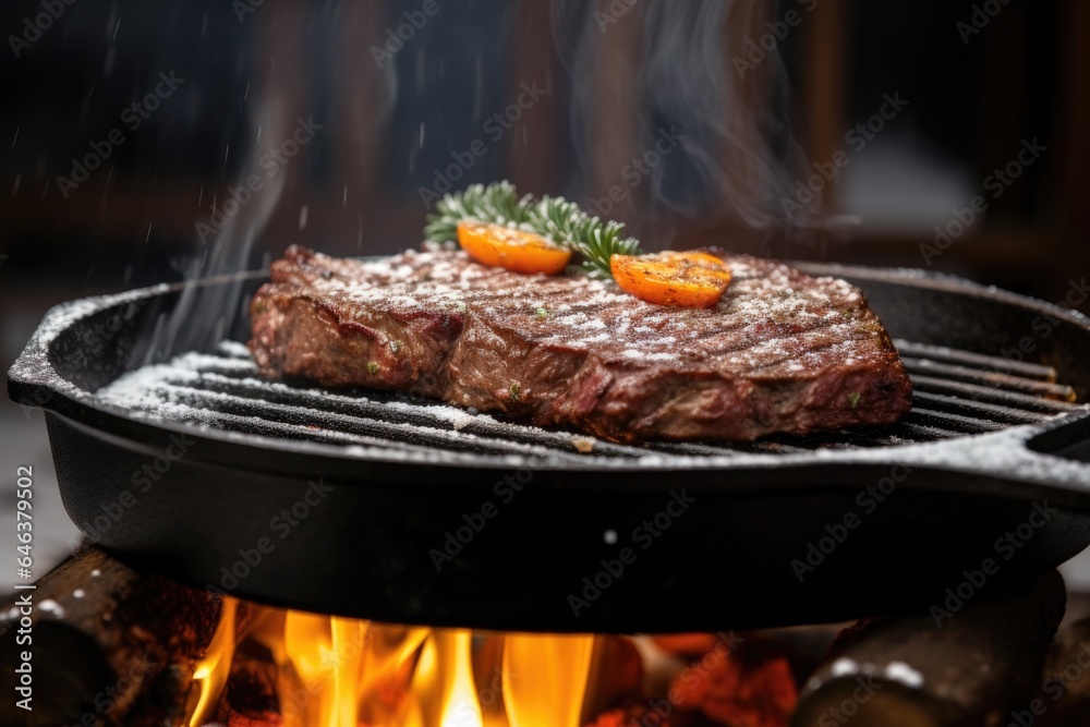 sizzling steak on a cast iron grill with snow in the background sizzling steak on a cast iron grill with snow in the background
