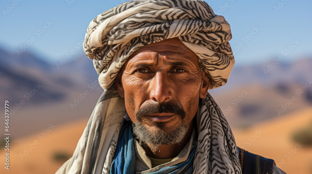 Close-up portrait of Bedouin in desert, local resident. Close portrait. Close-up portrait of Bedouin in desert, local resident. Close portrait.