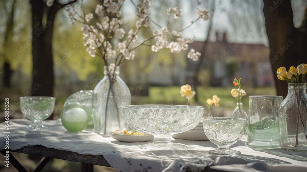 Fototapeta premium Serene Ambiance Spring Table with Blooming Trees in Defocused Background