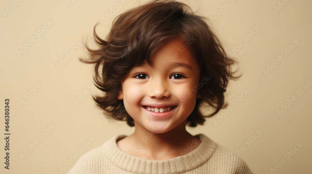 Joyful child in studio wearing neutral attire. Generative AI Joyful child in studio wearing neutral attire. Generative AI