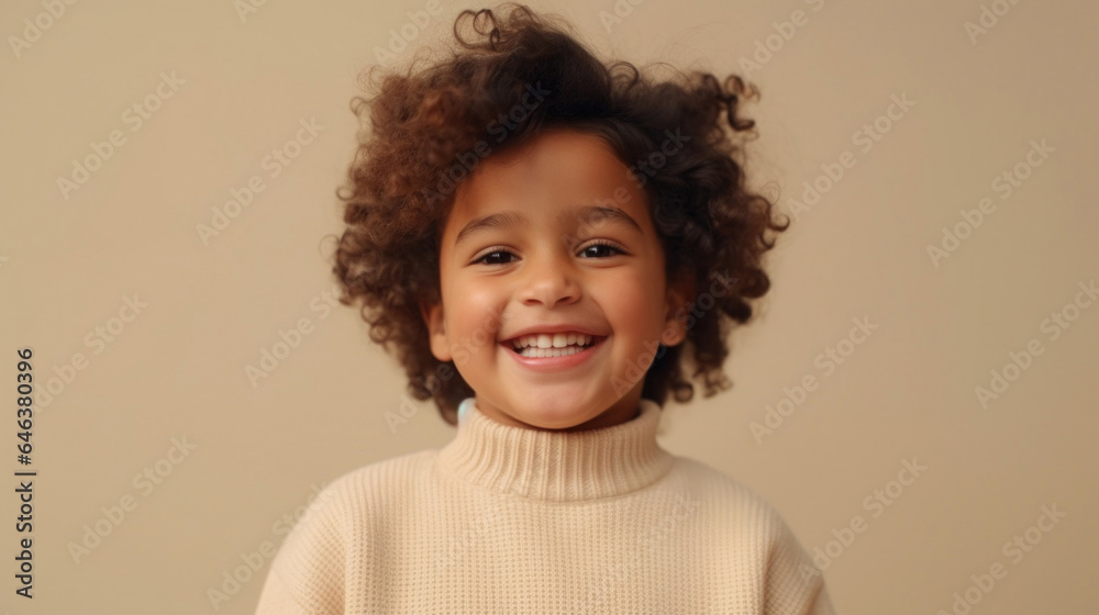 Happy kid with a beige backdrop. Generative AI Happy kid with a beige backdrop. Generative AI