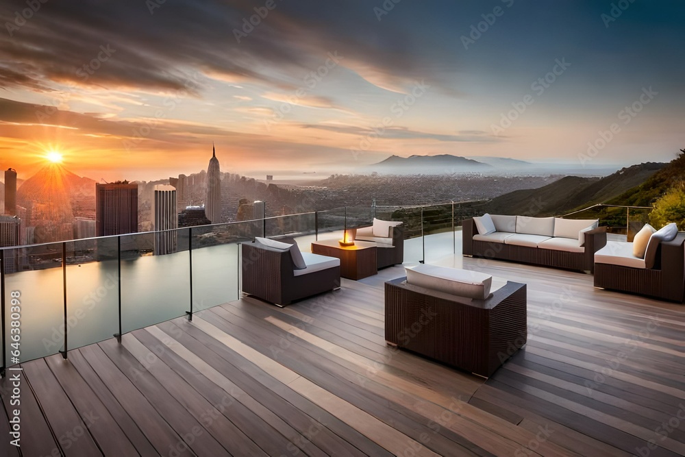 Obraz premium Luxury Rooftop Terrace with City View at Sunset