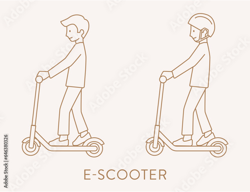 Side view of boy riding escooter or electric scooter with and without helmet in line art style