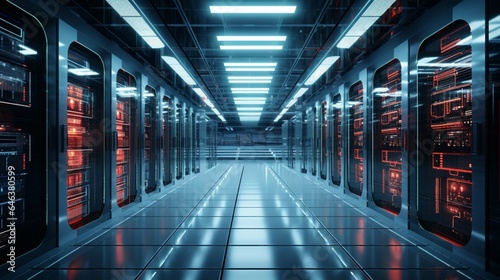  a hyper-realistic scene of a futuristic data center, where predictive analytics algorithms are processing vast amounts of information.