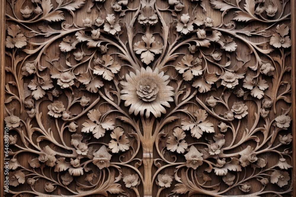 intricate carvings on an antique wooden door