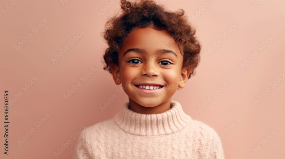 Happy little boy in beige studio setting wearing neutral attire. Generative AI Happy little boy in beige studio setting wearing neutral attire. Generative AI