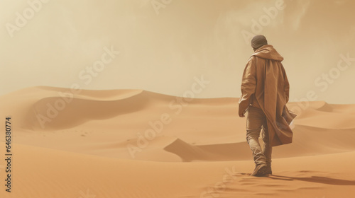 Man walking alone in the sunny desert. He is lost and out of breath. No water and energy. Concept for depression and noway situation in life
