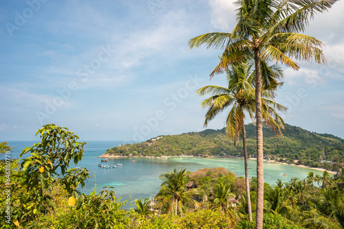 Koh Tao landscape view on sea, Taa Toh Bay beach, Chalok Baan Kao Bay and tropical island from the high point