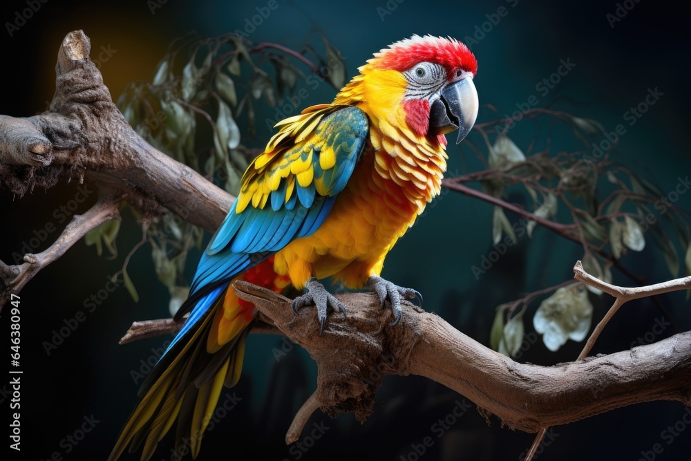 a colorful parrot caught mid-sneeze perched on a branch