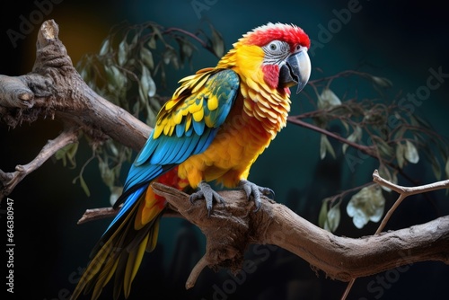 a colorful parrot caught mid-sneeze perched on a branch