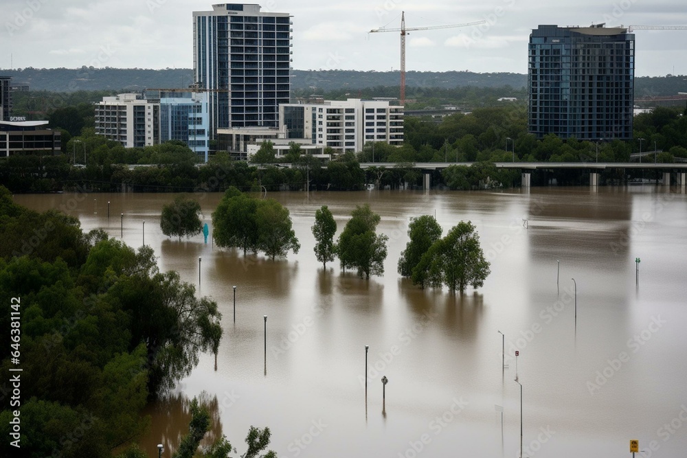 Flooded Brisbane river at Colleges crossing, Queensland during state of emergency. Generative AI