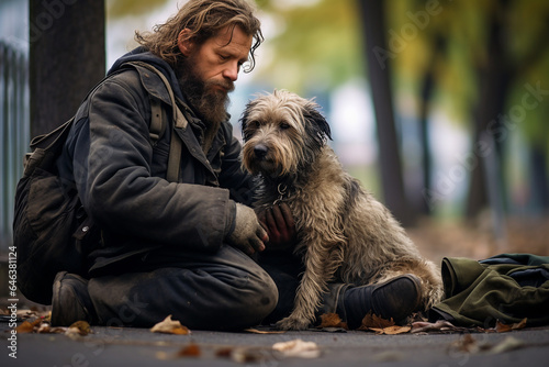 Homeless man in old clothes with a dog sitting on the street