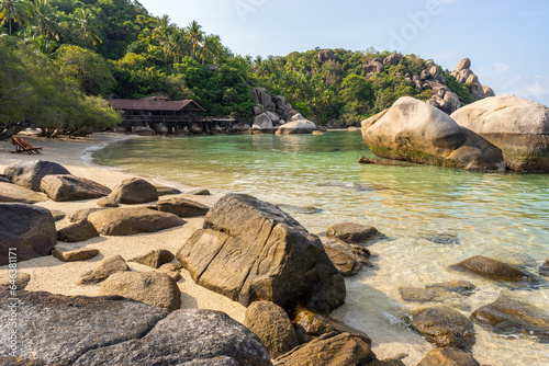 Landscape of famous Freedom Beach on Koh Tao island with stones and rocks in Thailand