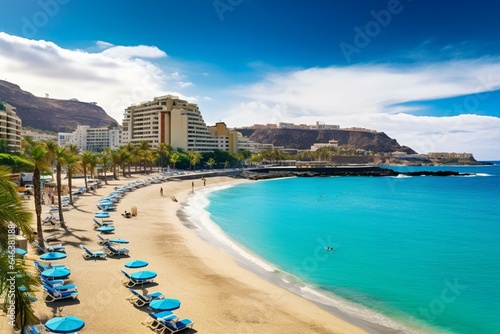 A beautiful beach view of a resort in Spain's Anfi Del Mar, located on the tropical island of Gran Canaria. Generative AI
