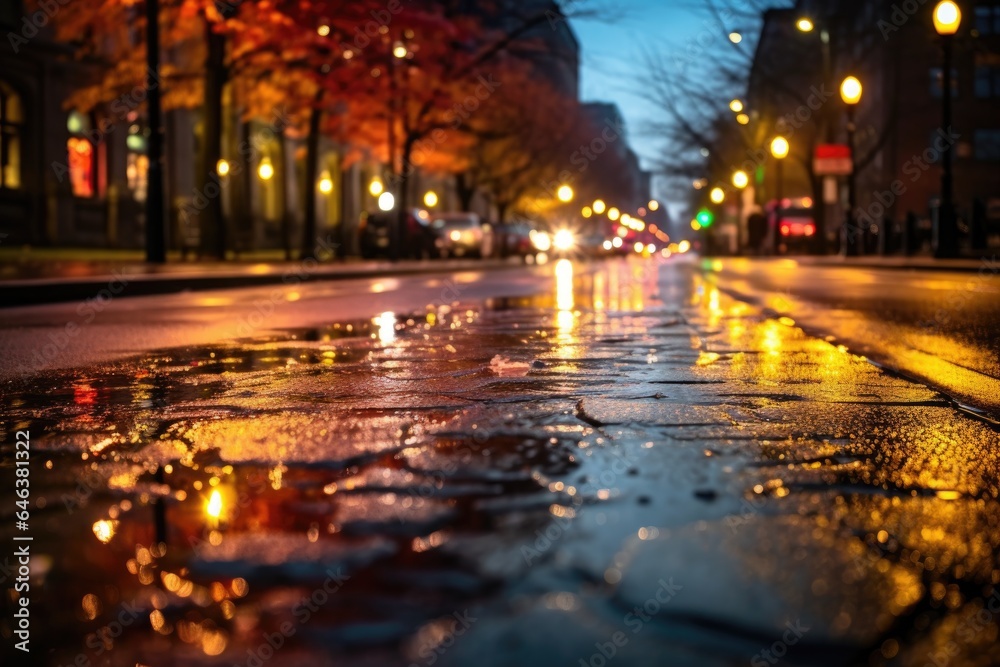 bright bokeh city lights reflecting on wet pavement