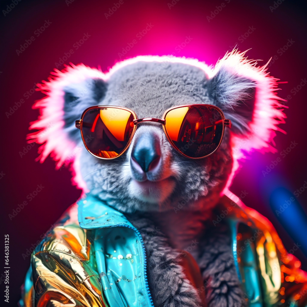 portrait of a koala with sunglasses in neon light