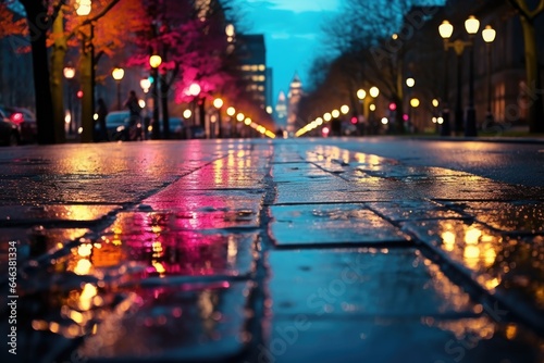 bright bokeh city lights reflecting on wet pavement