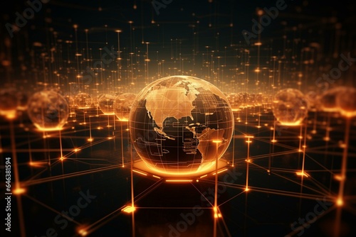 Futuristic global network with orange tech background. Generative AI