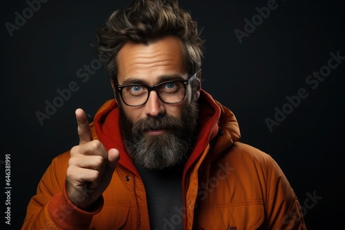 a hipster man with a beard and glasses points his finger