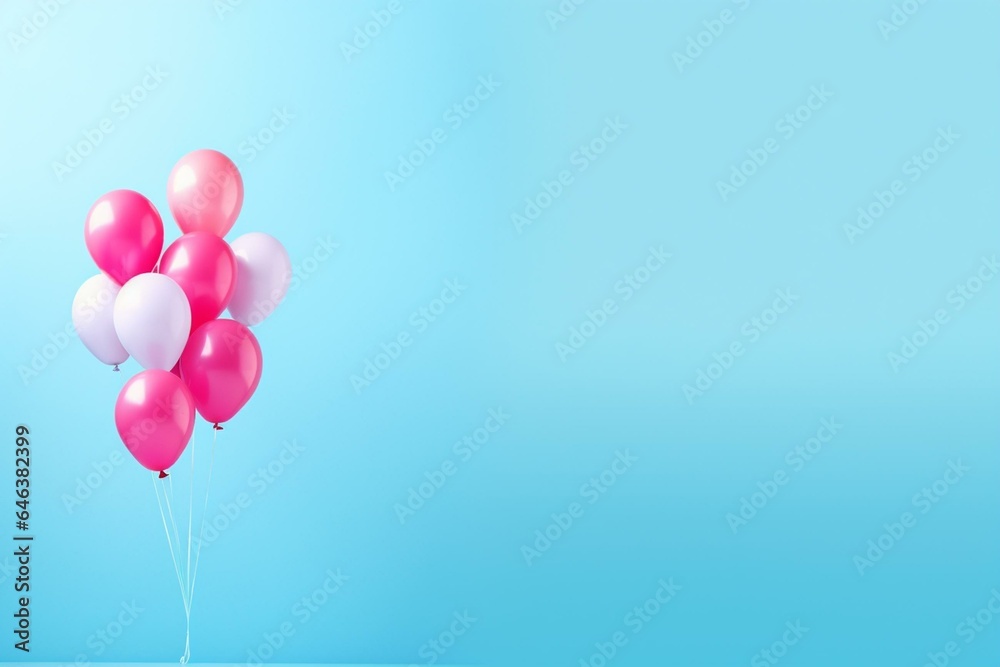 One distinct blue balloon among pink balloons on a light blue background, with a minimalistic concept. Generative AI