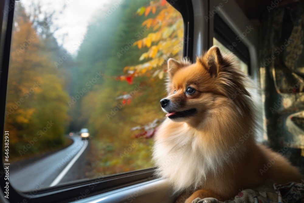 pomeranian looking out of a camper van window on a forest road pomeranian looking out of a camper van window on a forest road