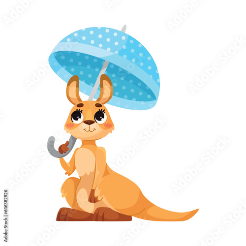 Cute Kangaroo as Australian Animal Character with Umbrella Vector Illustration