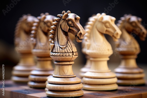 Unveiling the Intricate Details: A Captivating Close-Up of Chess Pieces Revealing the Precision and Strategy of the Game on a Wooden Texture Background