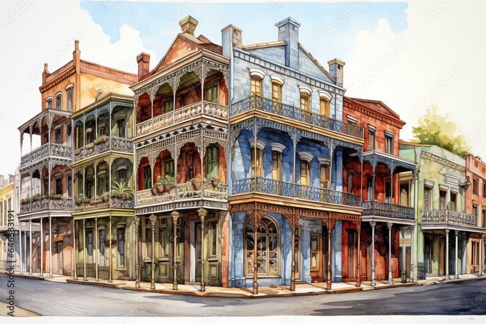 depiction of traditional New Orleans buildings. Generative AI