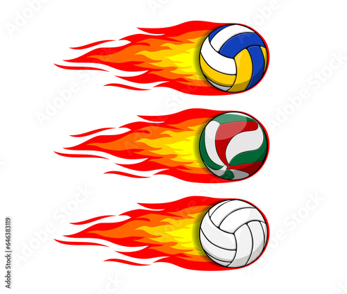 Volleyball flies and leaves trail of fire behind it. Classic and modern volleyballs for competitions and beach volleyball. Vector on transparent background