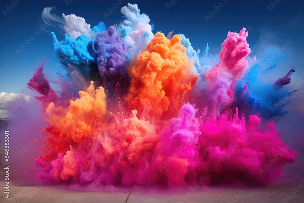 dynamic explosion of neon powder dyes creating a cloud