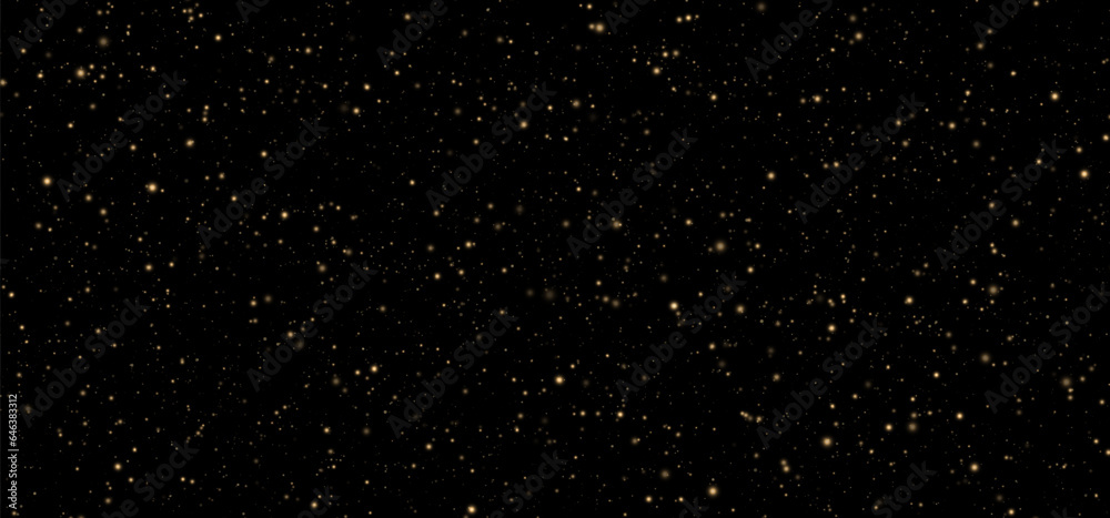 Obraz premium Festive vector background with gold glitter and confetti for Christmas celebration. Black background with glowing golden particles.