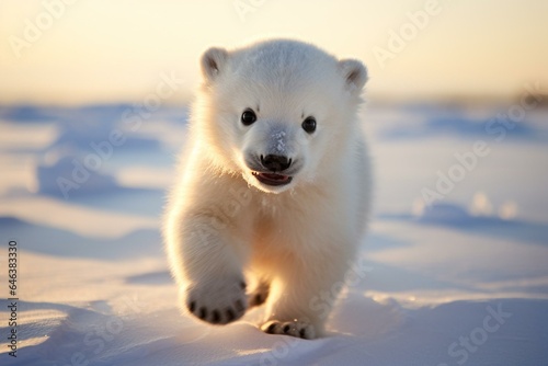 Fotografia an adorable polar bear cub frolicking on the snowy tundra