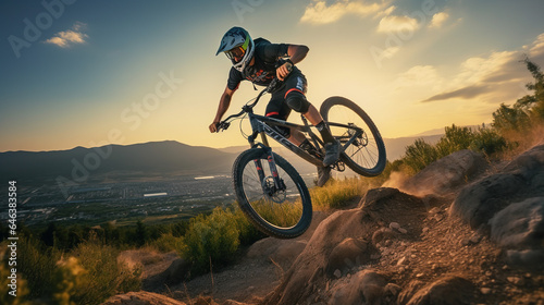 Adventurous Mountain Biker Swiftly Descending a Thrilling Trail  Exhilarating Outdoor Recreational Lifestyle Sport Amidst the Beauty of Nature