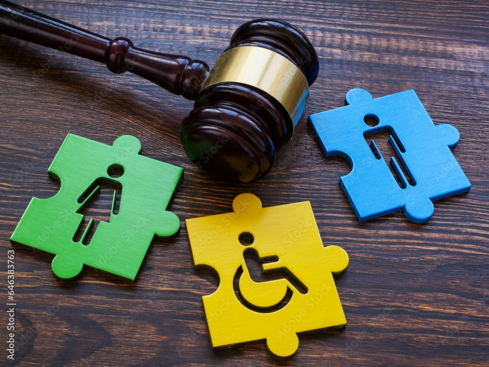 Gavel with puzzle pieces. Disabled person sign as symbol of inclusion ...