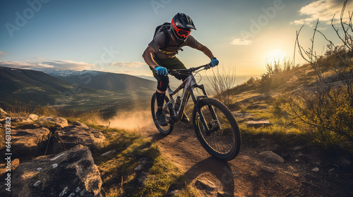 Adventurous Mountain Biker Swiftly Descending a Thrilling Trail: Exhilarating Outdoor Recreational Lifestyle Sport Amidst the Beauty of Nature photo