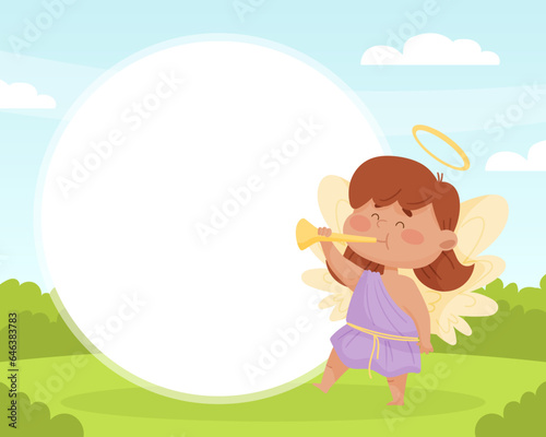 Empty Note Card with Cute Girl Angel Character with Wings and Nimbus Play Trumpet Vector Template