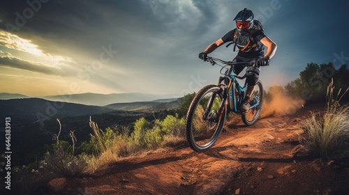 Adventurous Mountain Biker Swiftly Descending a Thrilling Trail: Exhilarating Outdoor Recreational Lifestyle Sport Amidst the Beauty of Nature
