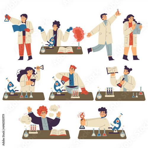 Kids Chemist and Scientist in Chemistry Lab Doing Scientific Experiment Vector Set