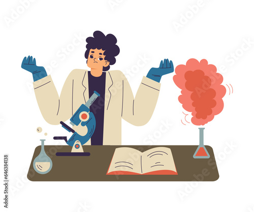 Little Boy Chemist and Scientist at Table with Flask and Microscope in Chemistry Lab Doing Scientific Experiment Vector Illustration
