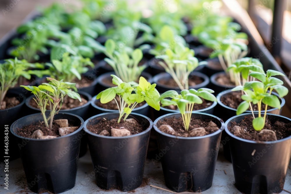 a variety of vegetable seedlings in biodegradable pots ready for planting