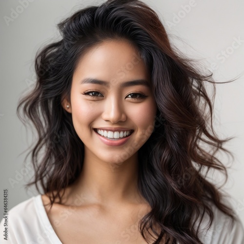 A closeup portrait of a beautiful young asian women. She smiling to camera clean teeths