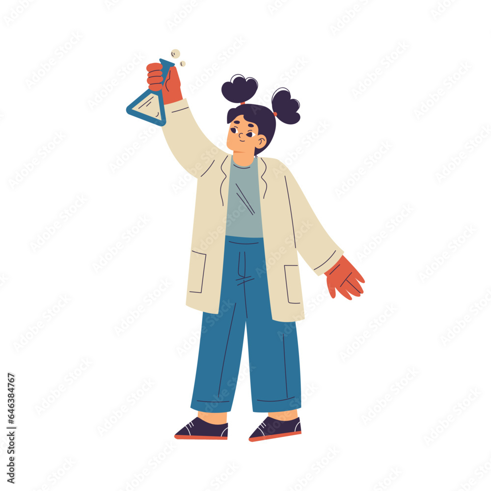 Little Girl Chemist and Scientist with Flask and in Chemistry Lab Doing Scientific Experiment Vector Illustration